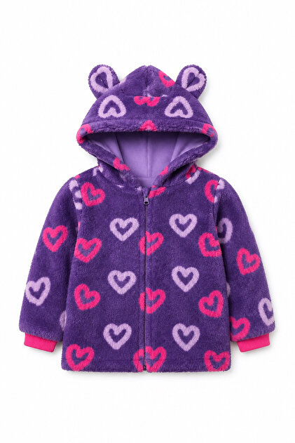 Girl's Heart Patterned Plush Coat Hooded Zippered Soft Jacket