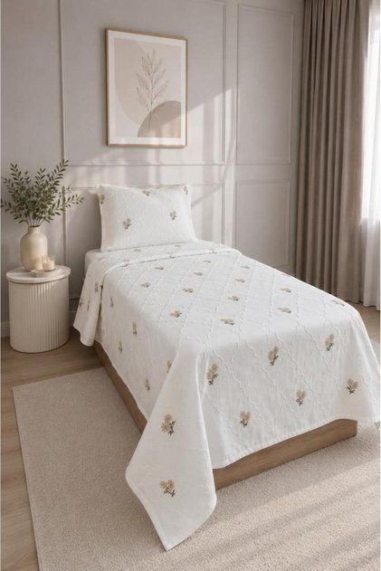 Nevra Embroidered Chenille 2 Piece Single Bedspread Beige
