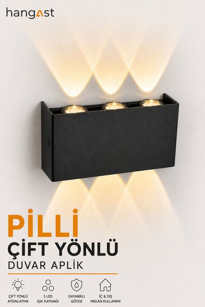 Pilli Gün Işığı 12W 3 LED Çift Yönlü Siyah Duvar Aplik Dekoratif LED Aydınlatma İç Dış Mekan