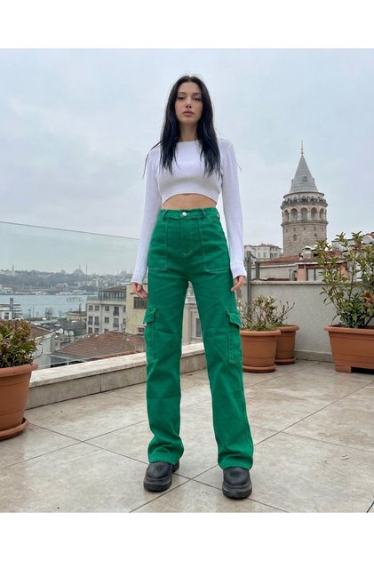 Green Cargo Pocket High Waist Wide Leg Loose-Fit Jeans