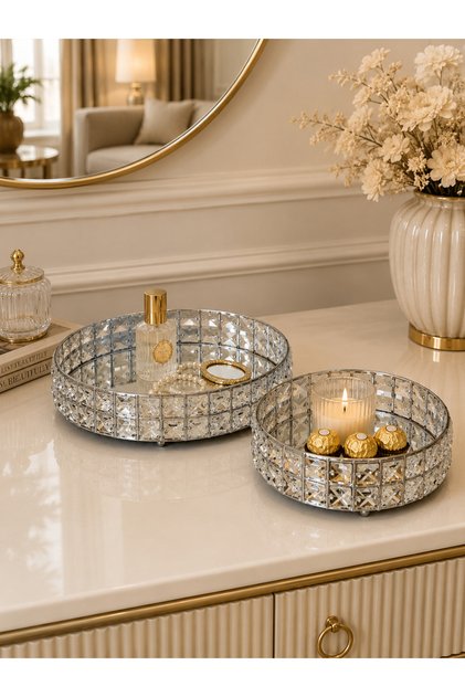2-Piece Metal Tray with Crystal Stone Detail Decorative Presentation Tray Round Gold and Silver