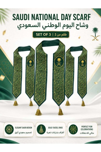 وشاح اليوم الوطني السعودي - مجموعة من 3 قطع، أوشحة سعودية خضراء وذهبية مع شراشيب للأطفال والكبار