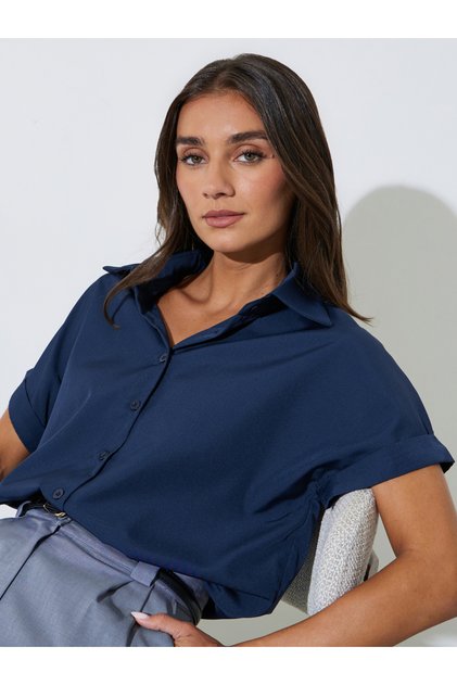 Dark Blue Solid Short Cap Sleeve Shirt