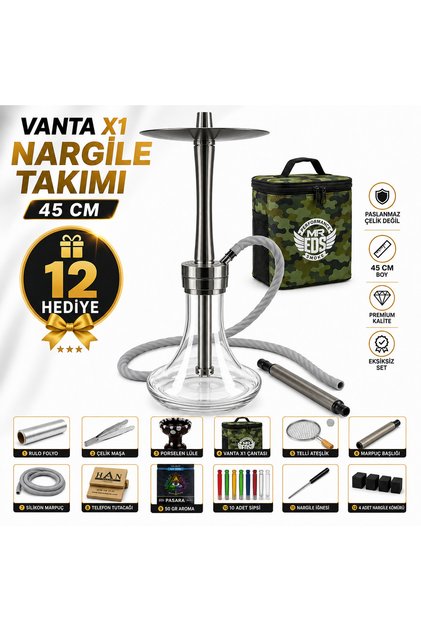 VANTA X1 Premium Nargile Takımı 45 cm | 12 Parça Hediye Seti | Gri Burgulu Marpuç | Porselen Lüle | Çanta ve Aksesuarlar