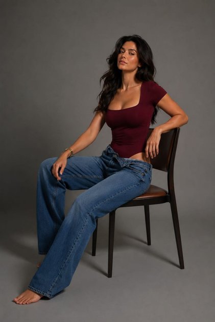 Women's Short Sleeve Sandy Fabric Bodysuit Blouse Body Square Neck Double Layer
