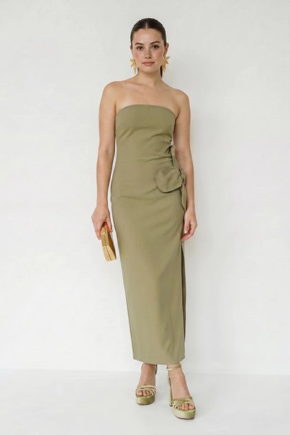 Women's Strapless Maxi Mint Green Dress with Floral Accessories and Slit Detail