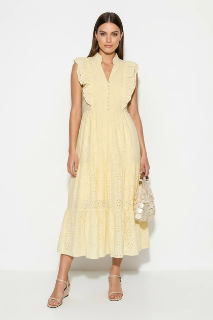 Women's Flounce Sleeve High Neck Lined Midi Brode Yellow Dress