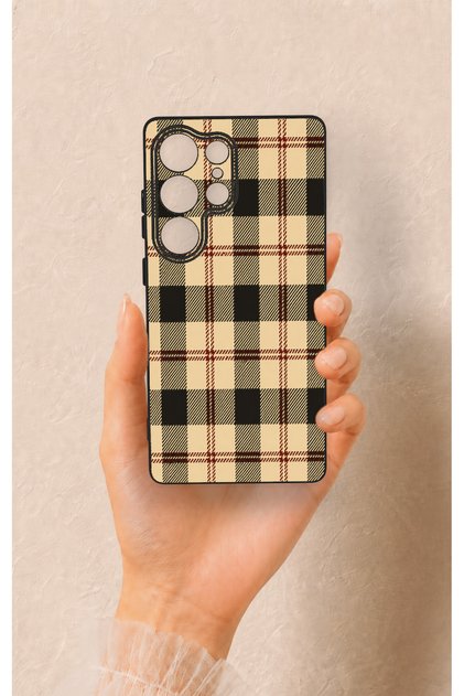 Samsung S25 Ultra Compatible Cream Plaid Patterned Silicone Case