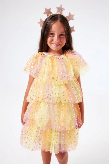 Le Mabelle Girls' Star Printed Layered Tulle Dress Yellow