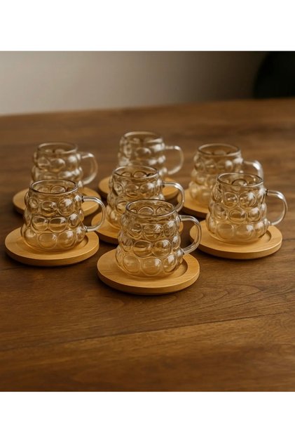 Set of 6 Grape Glasses with Handles, Bubble Glasses, Shot Glasses, Coffee Side Presentation Glasses with Mini Bamboo Base