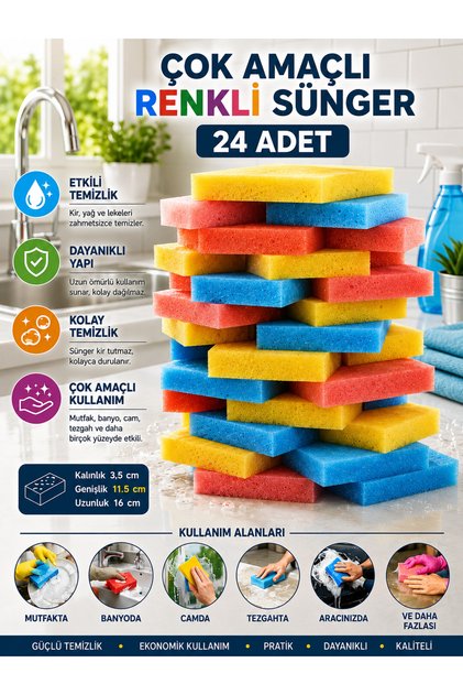 Çok Amaçlı Renkli Sünger 24 Adet - Karışık Renkli - Etkinlik İçin Uygundur - Oto Yıkama Süngeri