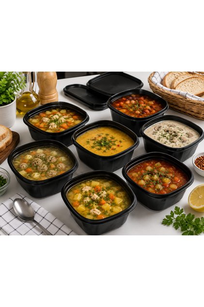 Set 50 Boluri Supă PP Negre 500 ml cu Capac, Caserole Alimentare pentru Supe și Preparate Calde, Take Away/Catering