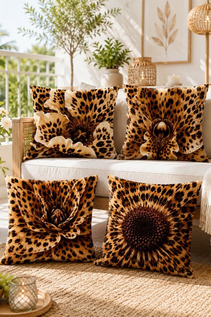 Leopard Themed Floral Patterned 4-Piece Throw Pillow Cover Set