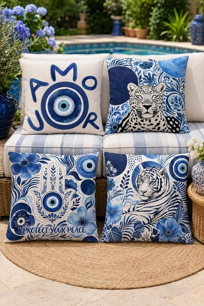 Navy Blue Tiger and Evil Eye Patterned 4-Piece Throw Pillow Cover Set