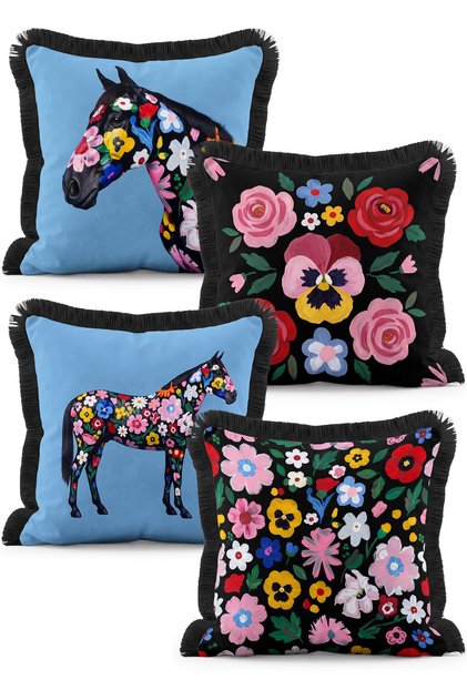 Blue and Black 4-Piece Fringed Throw Pillow Cover Set with Floral Pattern and Horse Figure