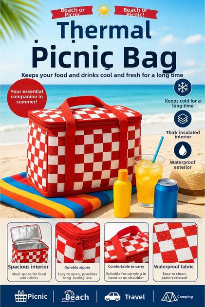 Thermal Picnic Bag 25 Lt Red White | Cooler Bag for Camping Beach Car