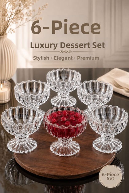 6-Piece Luxury Ice Cream Serving Set with Stands, Crystal-Looking Glass Dessert Bowl Set Krw-37