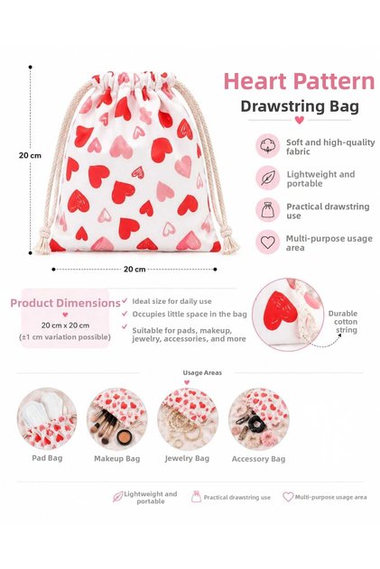 Hearted Drawstring Cloth Pouch Multi-Purpose Bag Organizer Makeup and Pad Pouch 20X20 cm