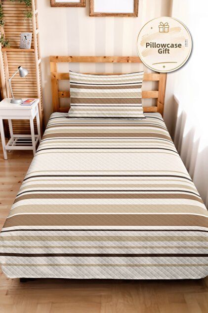 Striped Beige Bohemian Single Pique Set - Geometric Brown Cream 160X220 cm Summer Bedspread