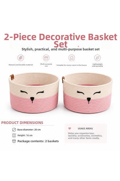 Children's Room Organizer Set of 2 Decorative Wicker Baskets – Cute Design, Multi-Purpose Use