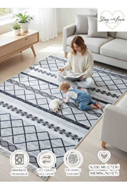 stay with love Gri-beyaz Kilim Pamuklu Dokuma Yıkanabilir Modern