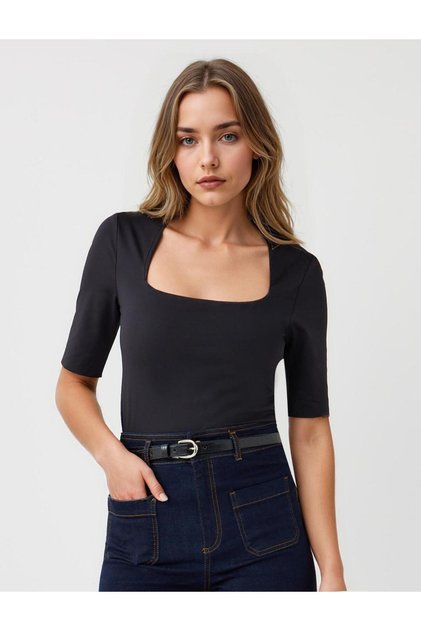 Black Slim Fit Square Neck Elbow Sleeve Knitted Blouse