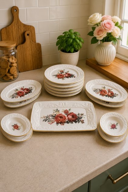 15 Piece Ceramic Cake Breakfast Presentation Plate Set - Pomegranate Flower