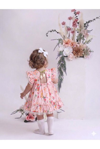 Baby Girl Pink Dress with Floral Print and Tulip Detail on the Back, 2-Piece Set