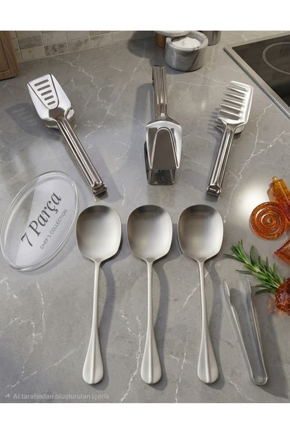 7-Piece Serving Tongs Set / 3 Steel Serving Spoons, 4 Cake, Pasta, Salad, Sugar Tongs
