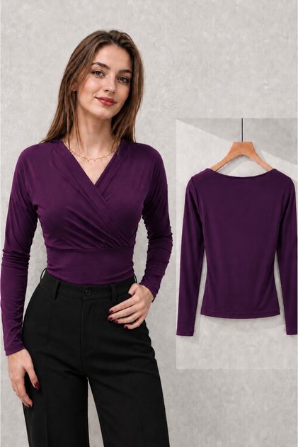 Womens Plum Double-Breasted V-Neck Sandy Long Sleeve Elegant Blouse 11