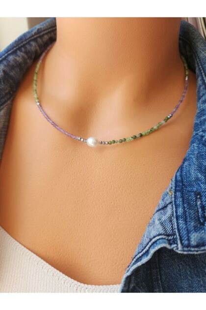 Natural Stone Amethyst and Jade 2 mm Minimal Necklace