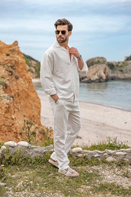 Madmext White Relaxed Fit Men's Linen Shirt Pants Set E7327- Trendyol