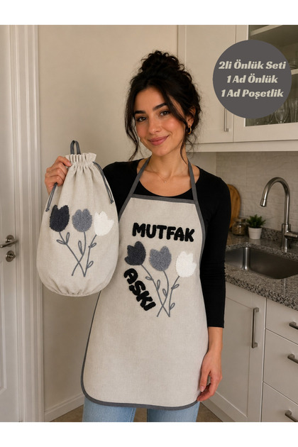 KETEN MUTFAK ÖNLÜĞÜ VE POŞET DÜZENLEYİCİ NAKIŞLI YIKANABİLİR YEMEK ÖNLÜĞÜ VE POŞETLİK