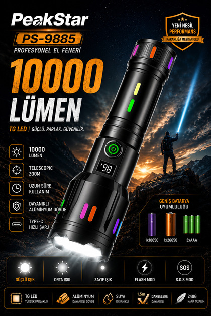 Ps-9885 Ultra Parlak Su Geçirmez Zoomlu Güçlü 50w 10000 Lümen Şarjlı Bekçi Avcı Kamp El Feneri