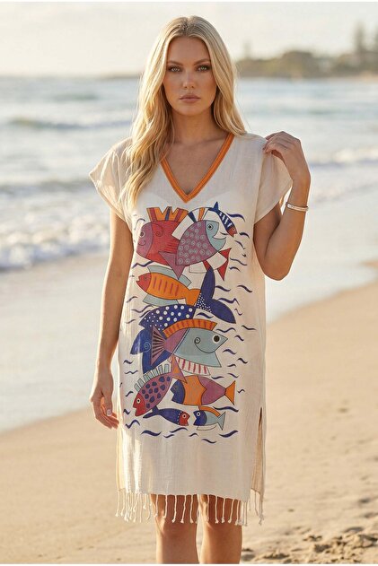 pareo beach dress Dosimira Modern Fish 100% Cotton V-Neck / fits bust around 38 Print: Abstract Our Brides | Fancy Size:ONE SIZE FITS MOST