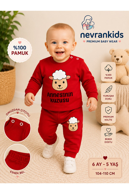 Bebek Kuzucuk Baskılı İkili Takım - Annesinin Kuzusu - Kırmızı