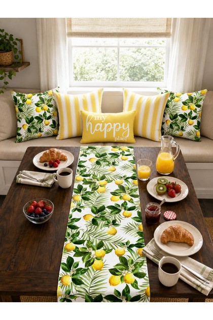 Lemon Garden Themed Decorative 5-Piece Throw Pillow Cover and Runner Set