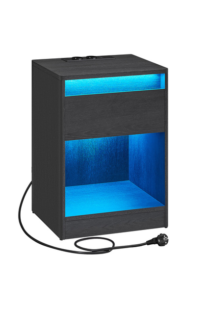 Noptieră cu iluminare LED reglabilă, priză și porturi USB, 40x35x55 cm, gri negru