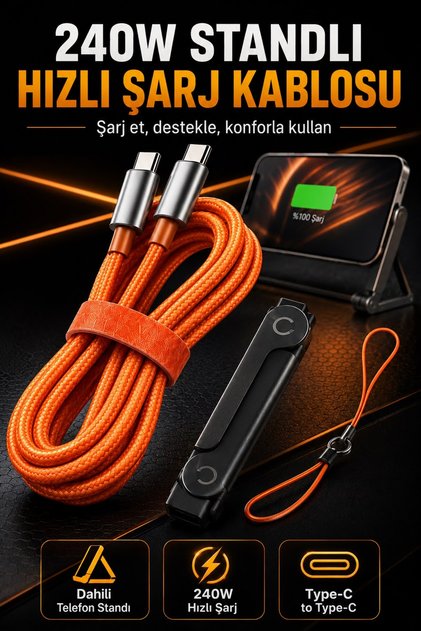 240W Standlı Type-C to Type-C Hızlı Şarj Kablosu, Hasır Örgülü Telefon Standlı USB-C Şarj Kablosu Turuncu