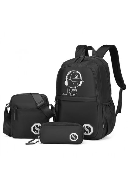 EB2363 - Set de rucsac pentru laptop din 3 piese, ușor și fosforescent, cu geantă crossbody și penar - Negru