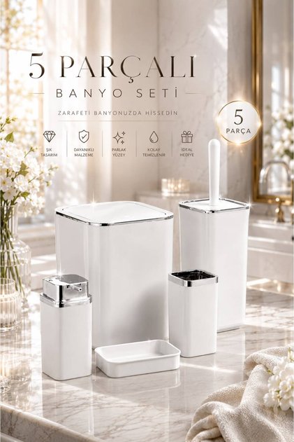 Hgy Home Chrome Detailed Off-White Square 5-Piece Bathroom Set