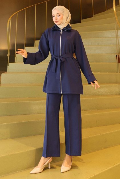 Fur Collar Detailed Suit Indigo 19385