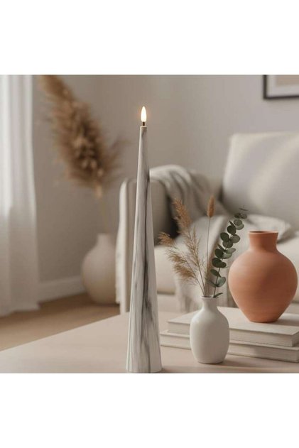 Marbella Led Marbled Conical Taper Candle Dia5.5x35cm - White