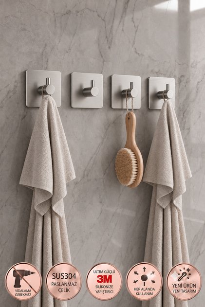 4 ADET Kare Paslanmaz Çelik Banyo Askısı/Bornoz Askısı / Havlu Askısı/ Lif Askı /Havluluk Çok Amaçlı- Tüm Alanlara Uyumlu