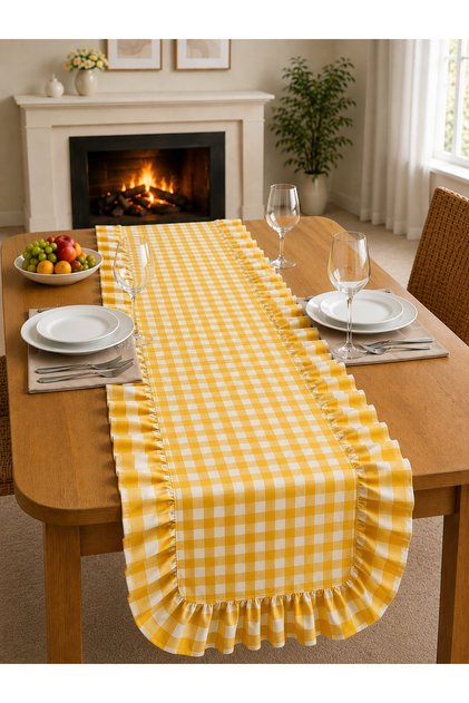 Yellow Gingham Ruffled Duck Linen Vintage Runner 40X150