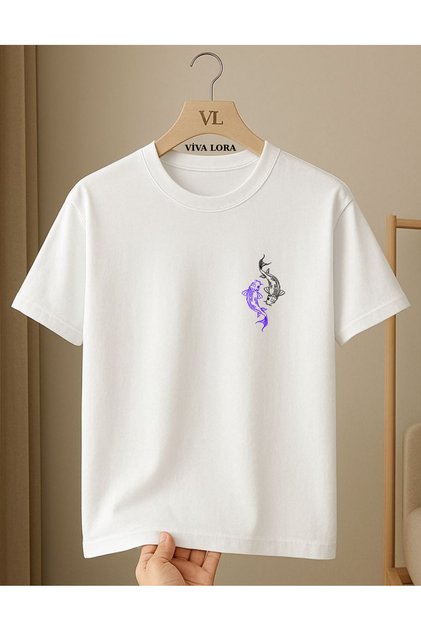 Artistic O Oversized Cotton Unisex T-Shirt with Double Fish Figure