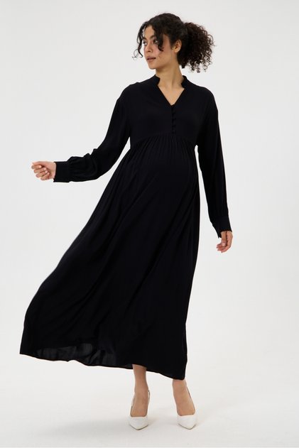 Maternity 100% Viscose Fabric Long Dress, Sleeves with Cuffs, Waist Tie, Collar with Button Detail (Breastfeeding)