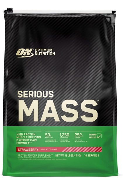 Optimum Nutrition Serious Mass: High Protein Muscle Building & Weight Gainer Protein Powder, 50 Grams of Protein- Strawberry, 12 Lbs (5.44 KG)