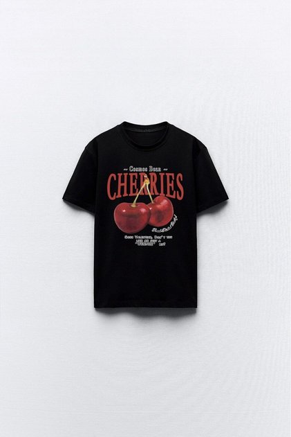 تي شيرت نسائي أسود كبير الحجم مطبوع عليه تصميم الكرز من Cherries
