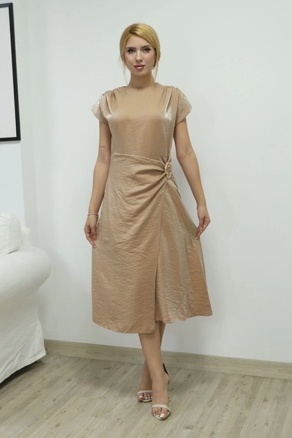 Toka ve Drape Detaylı Soft Saten Midi Elbise 6042-Bej